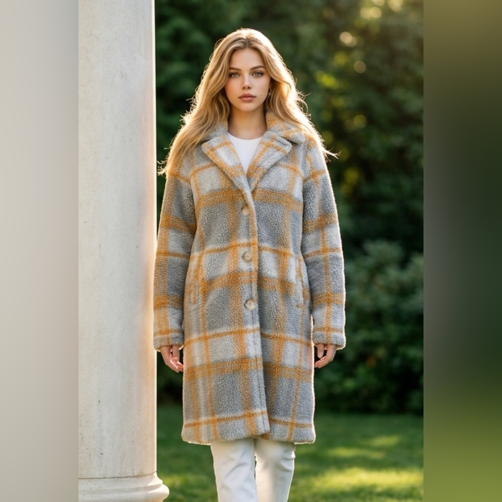 Me Jane Gray & Mustard Checked Teddy Coat